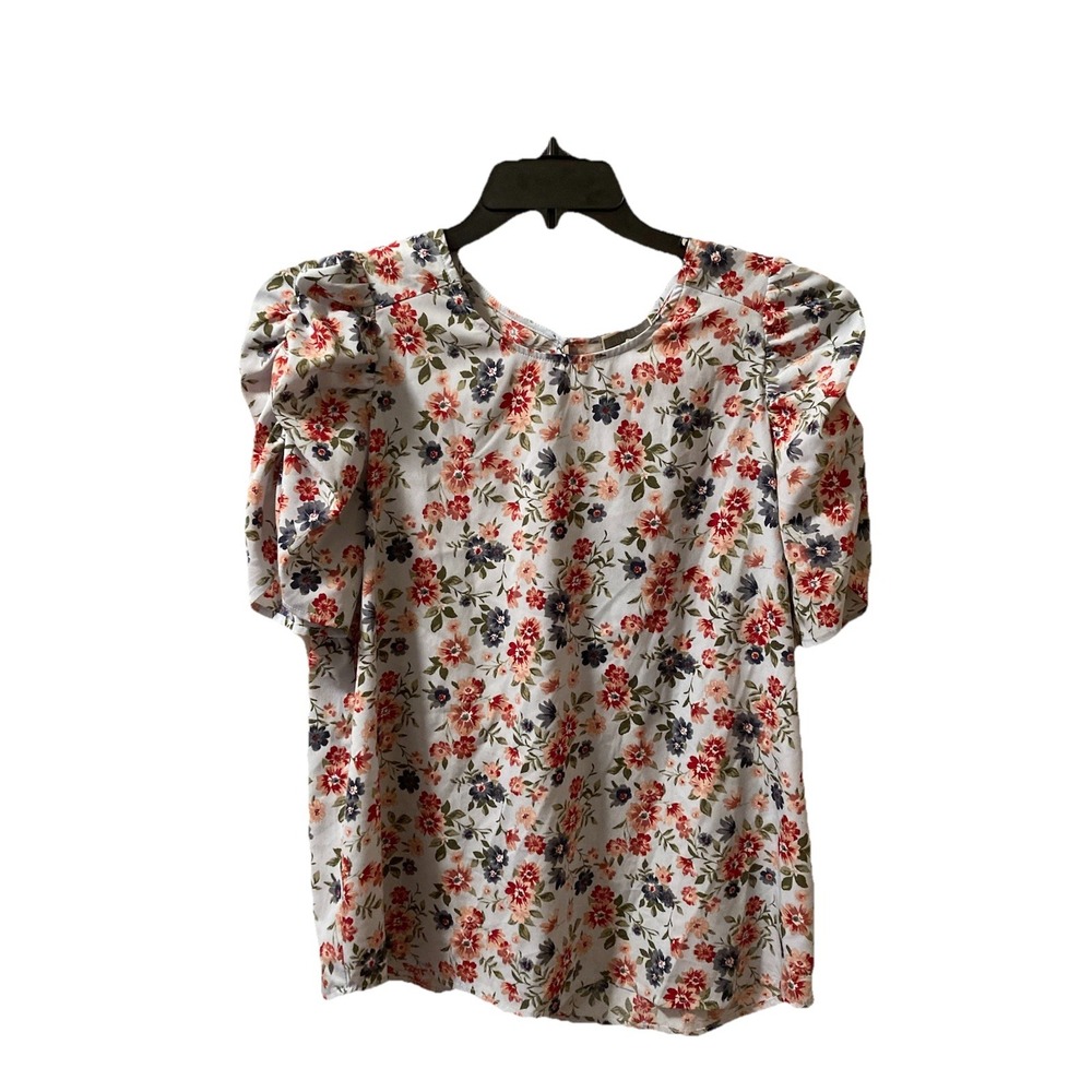Anthropologie Pleione Womens Blouse Floral Blue Short Puff Sleeves Sz‎ L